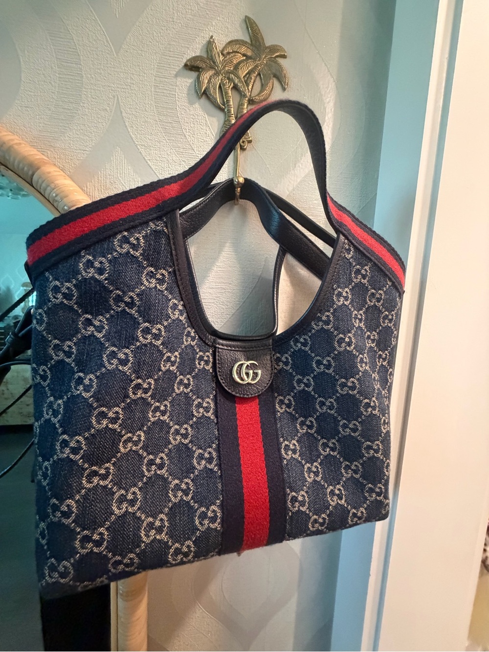 GUCCI Denim GG Monogram Web Small Giglio Tote Blue White